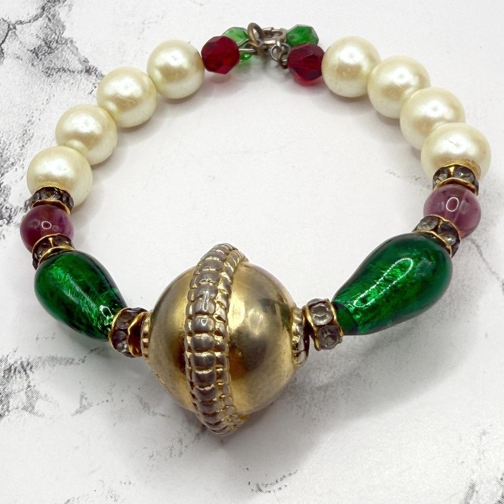 Gold Bell Charm Bracelet‎ Holiday Christmas Bead Bracelet 6.25 Inch